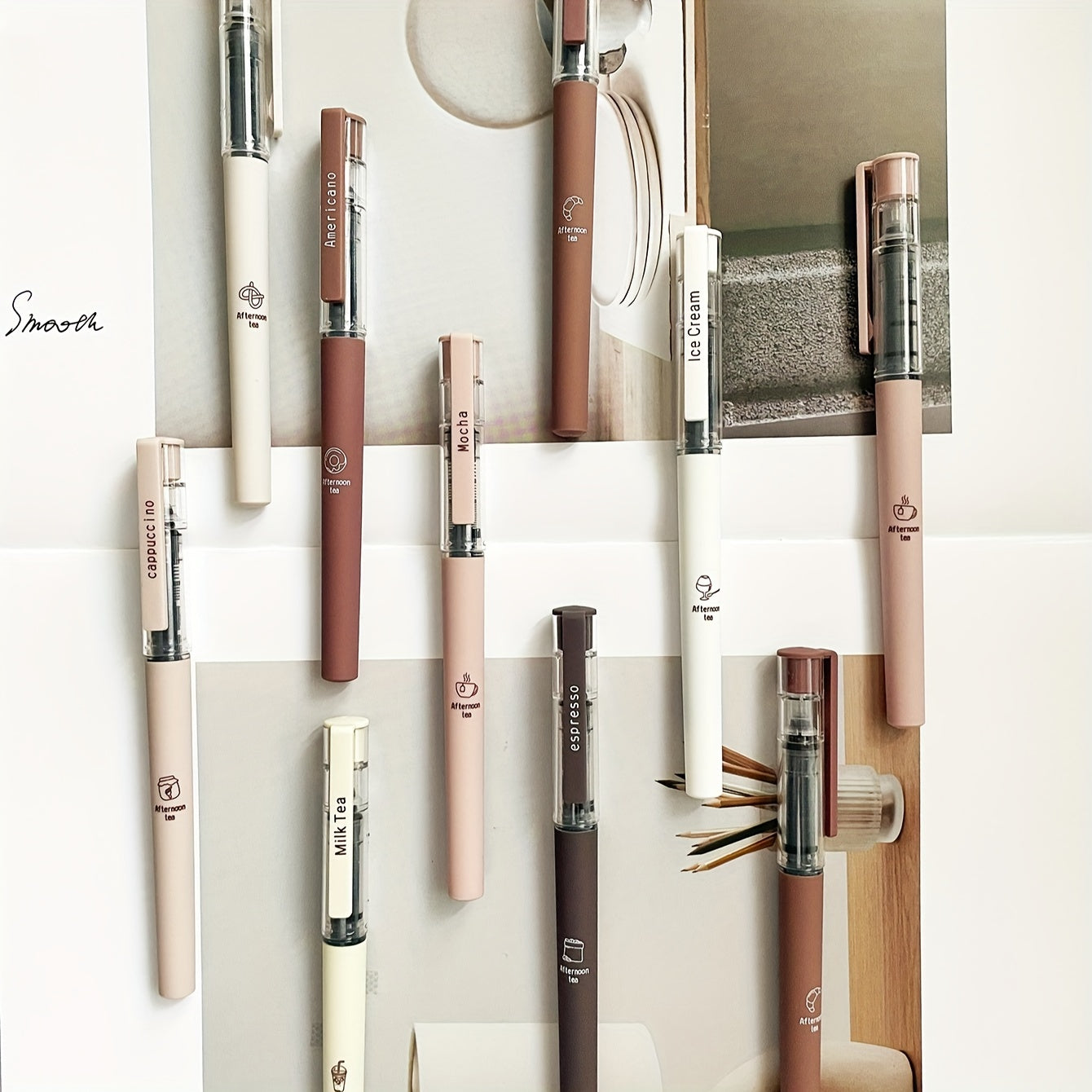 6pcs/8pcs Coffee Theme Liquid Quick-Drying Ink Gel Pens, No Smudge Soft Touch Pens for Note Taking Drawing School &amp; Office Supplies