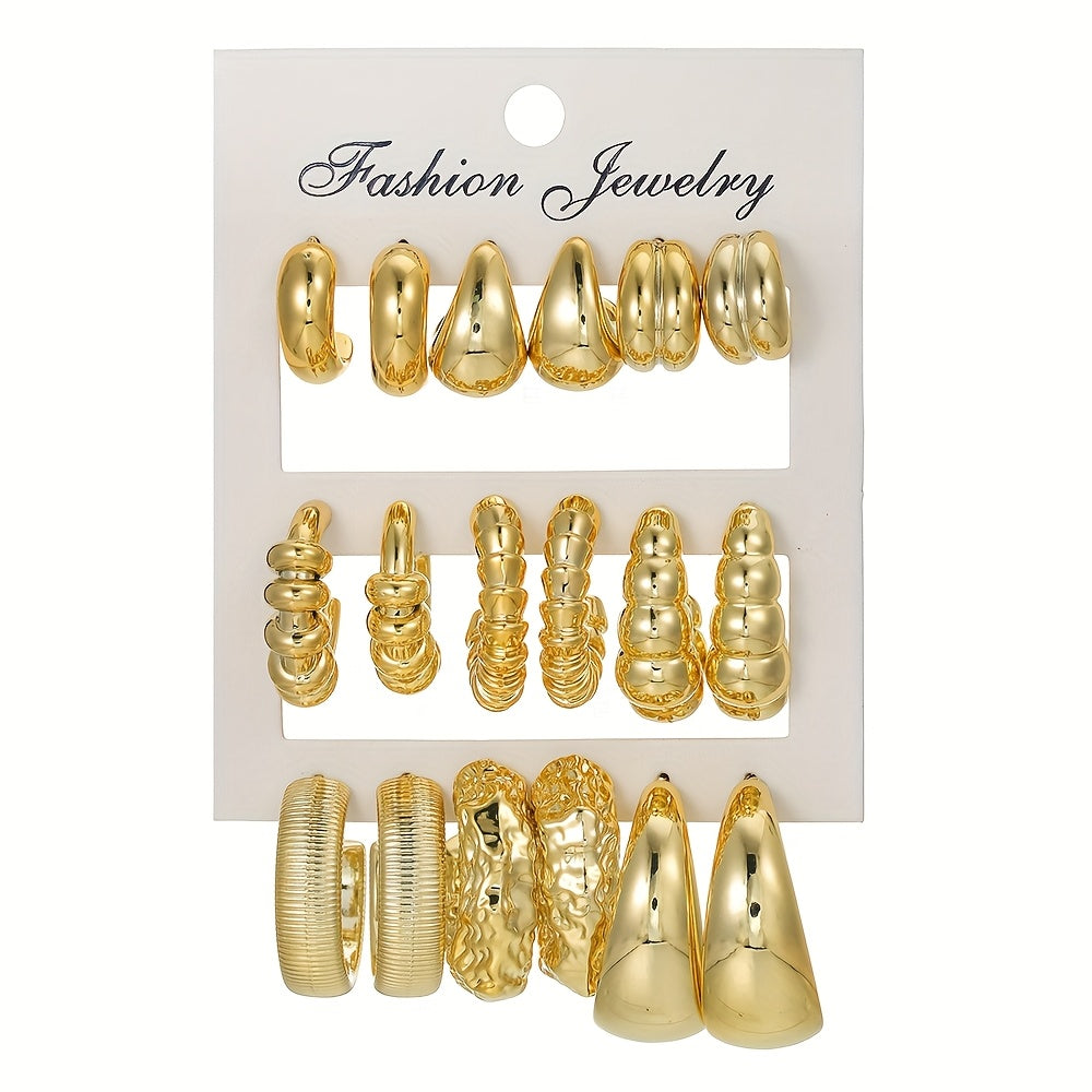 Lot de 6 ou 9 paires de boucles d’oreilles résine en C oversized, parfaites pour fêtes et cadeaux féminins.