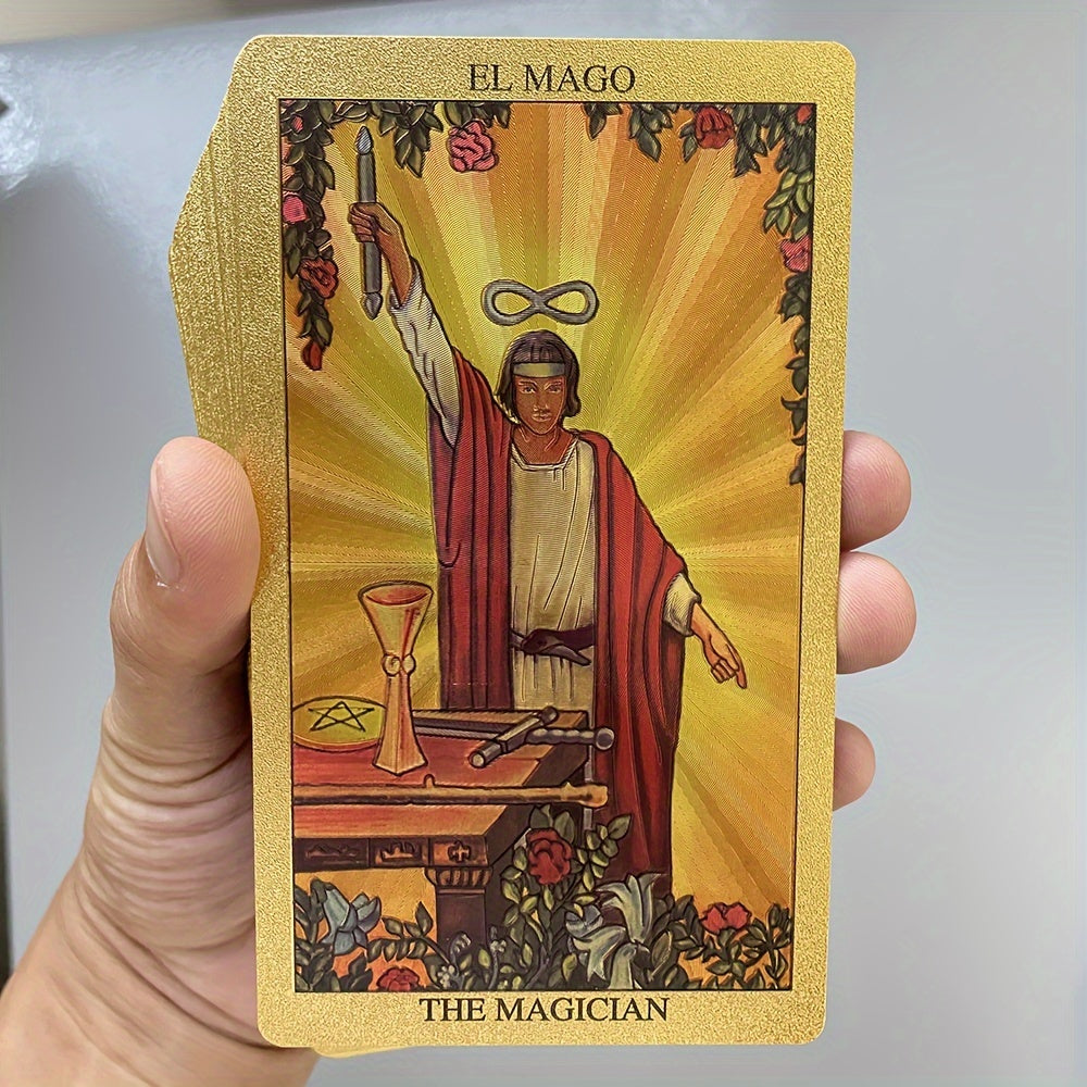 Cartes de tarot pour débutants, dorure à chaud, espagnol et anglais, 12×7 cm, livret explicatif bilingue inclus.