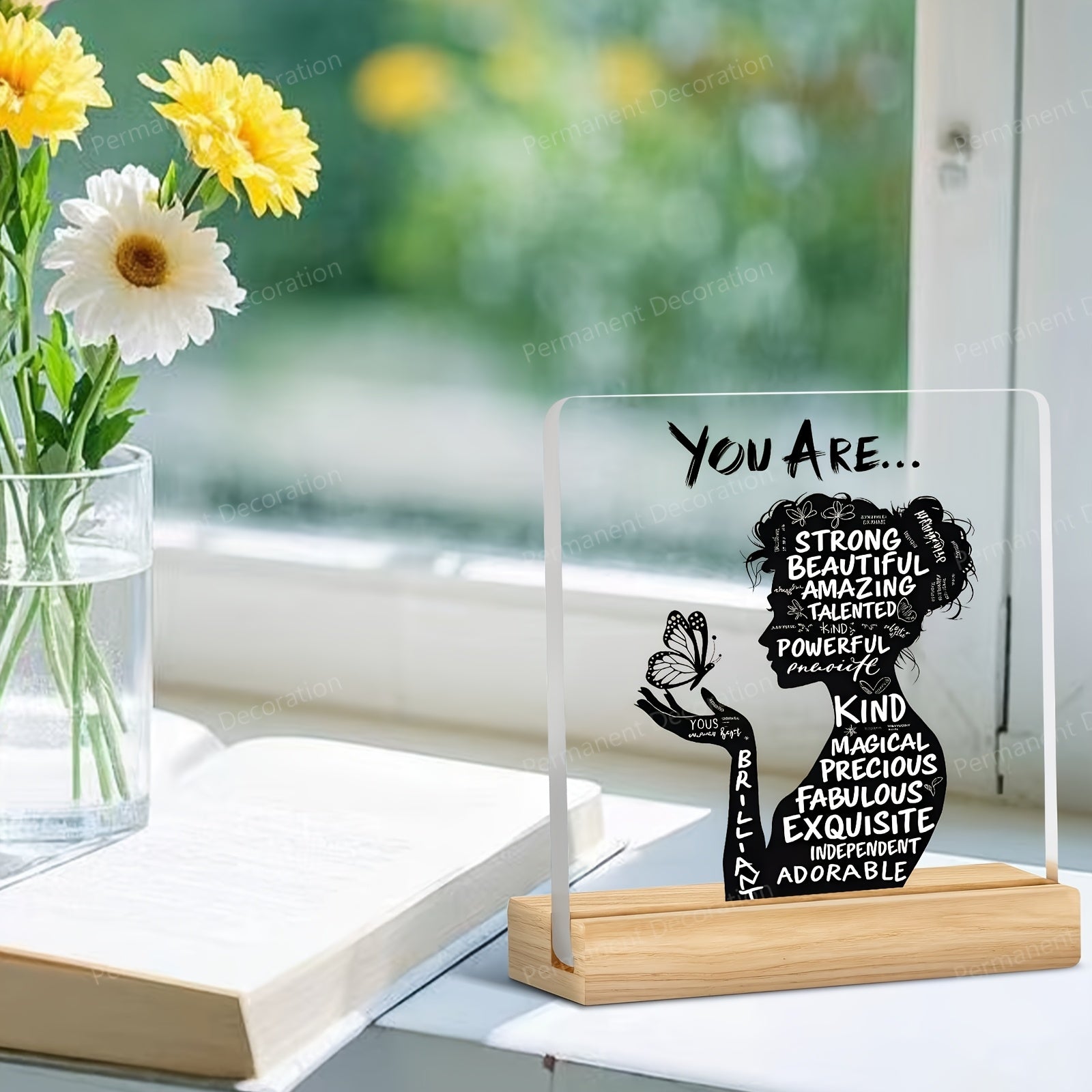 Décoration de bureau acrylique 2D avec affirmations positives « You Are Powerful, Beautiful, Amazing », design élégant, idéale maison, bureau ou café, cadeau parfait.