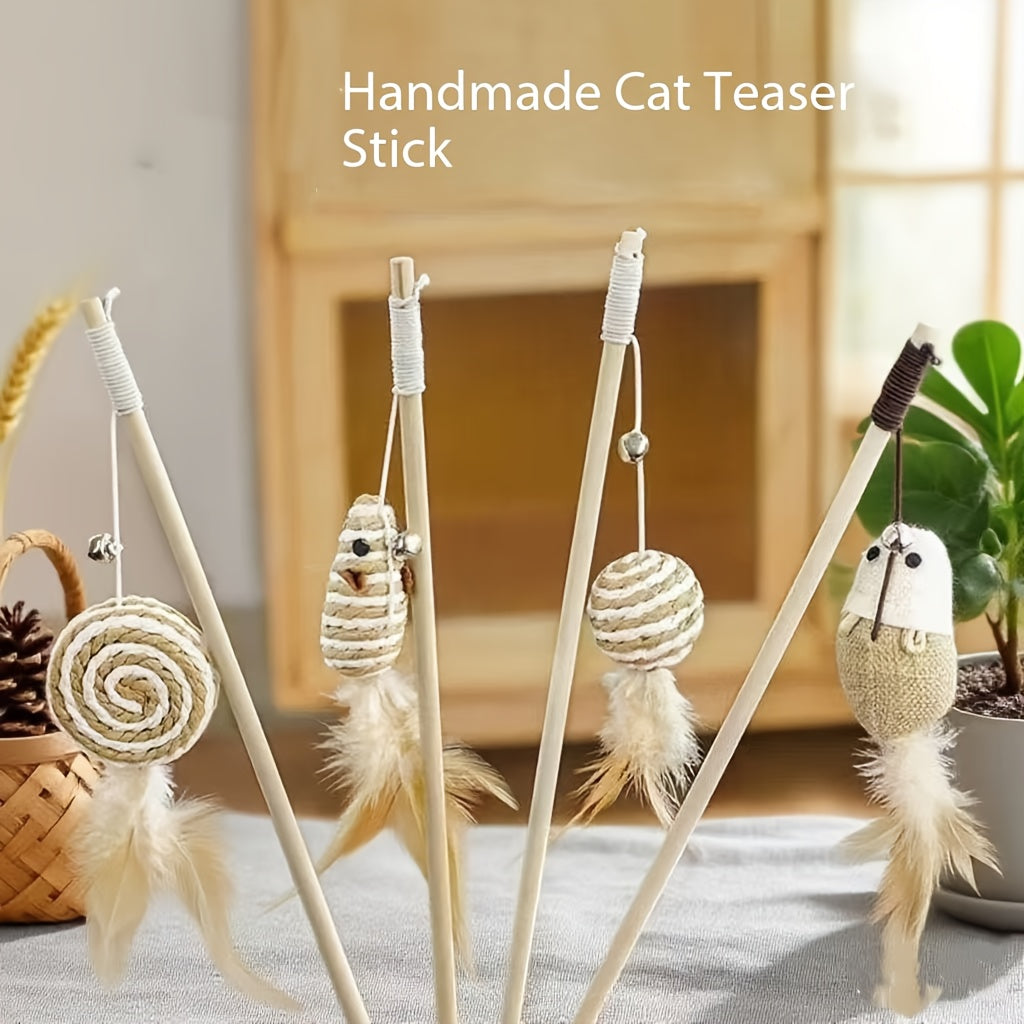 Set de 4 baguettes interactives en corde de jute pour chats, avec cloche et plumes, jouet durable, sans batterie, stimule jeu et activité.