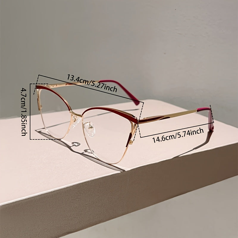 Paire de lunettes style œil de chat pour femmes, monture métallique légère, tendance rétro, couleur rose élégante, sans correction.