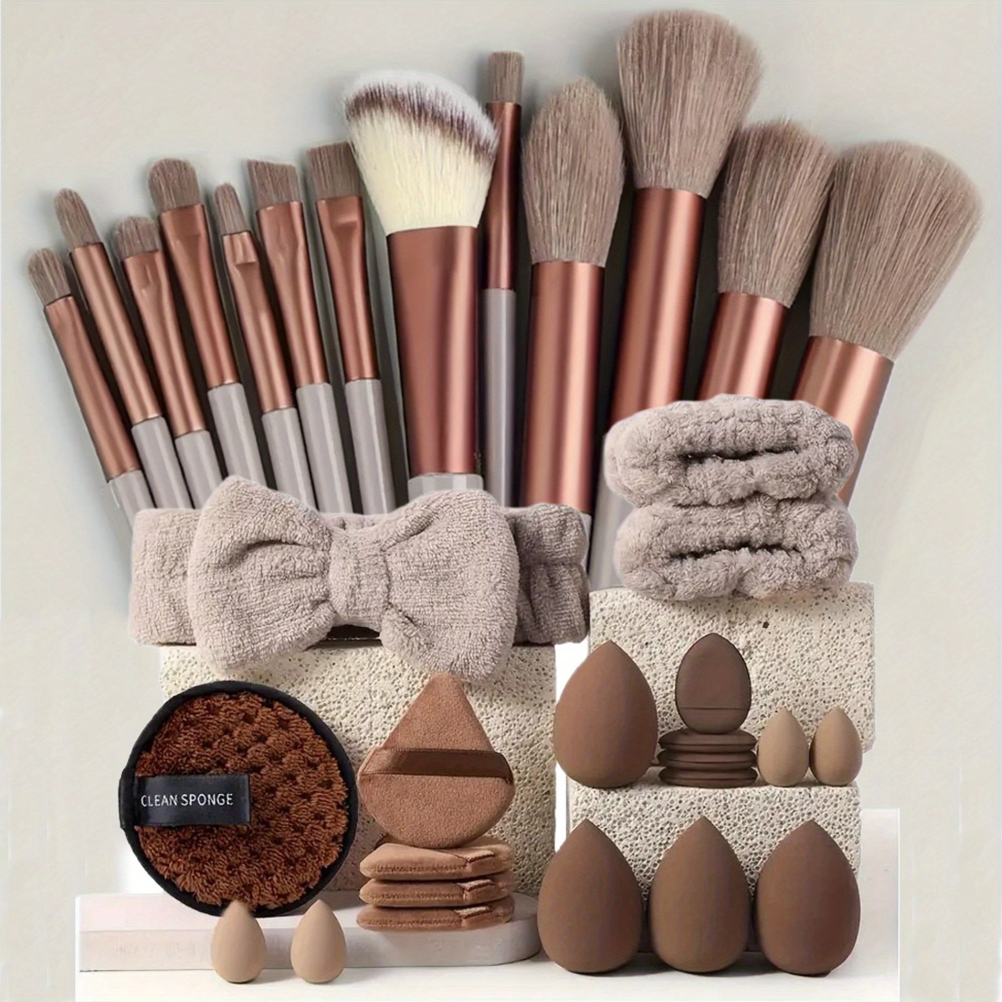 13/20/33pcs Professional Makeup Brush Set with Accessories Kit Includes High-Quality Nylon Bristled Brushes, Headband, Wristbands, Makeup Remover Puff, Triangular Velvety Puffs, Finger Puffs, Large &amp; Small Beauty Sponges ABS