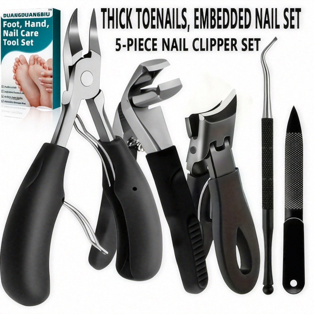 [Heavy-Duty | Stainless Steel] 5pcs Heavy-Duty Stainless Steel Nail Care Kit | Ingrown &amp; Thick Toenails Clippers Set with Nail File, Cuticle Nippers - Classic Black Handles for Men, Women, Seniors, Halloween Gift, DUANGDUANGB