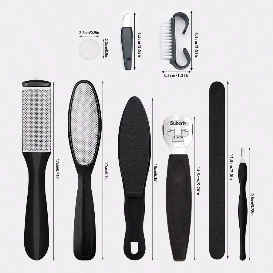 Kit pédicure 10 pièces, 30,48 cm, exfoliant et râpe pieds, élimine callosités et peaux mortes, plastique sans parfum, soin maison efficace.