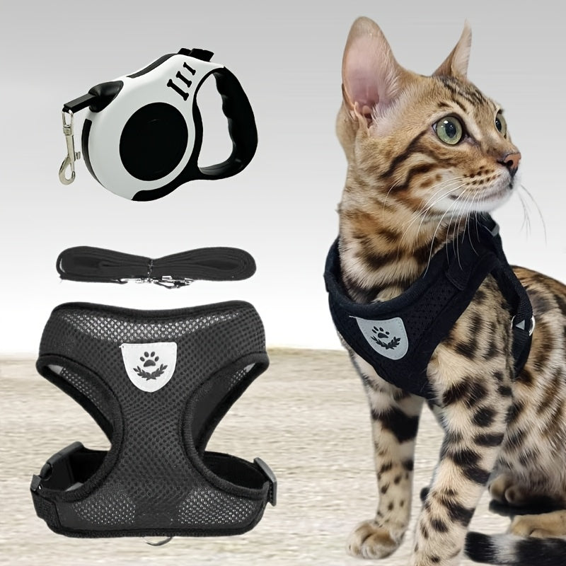 3pcs Set, Double Switch Retractable Pet Leash and Harness, Soft Nylon Mesh Vest for Cats & Small Dogs, Easy Control & Comfortable Safety, Hand Wash Only