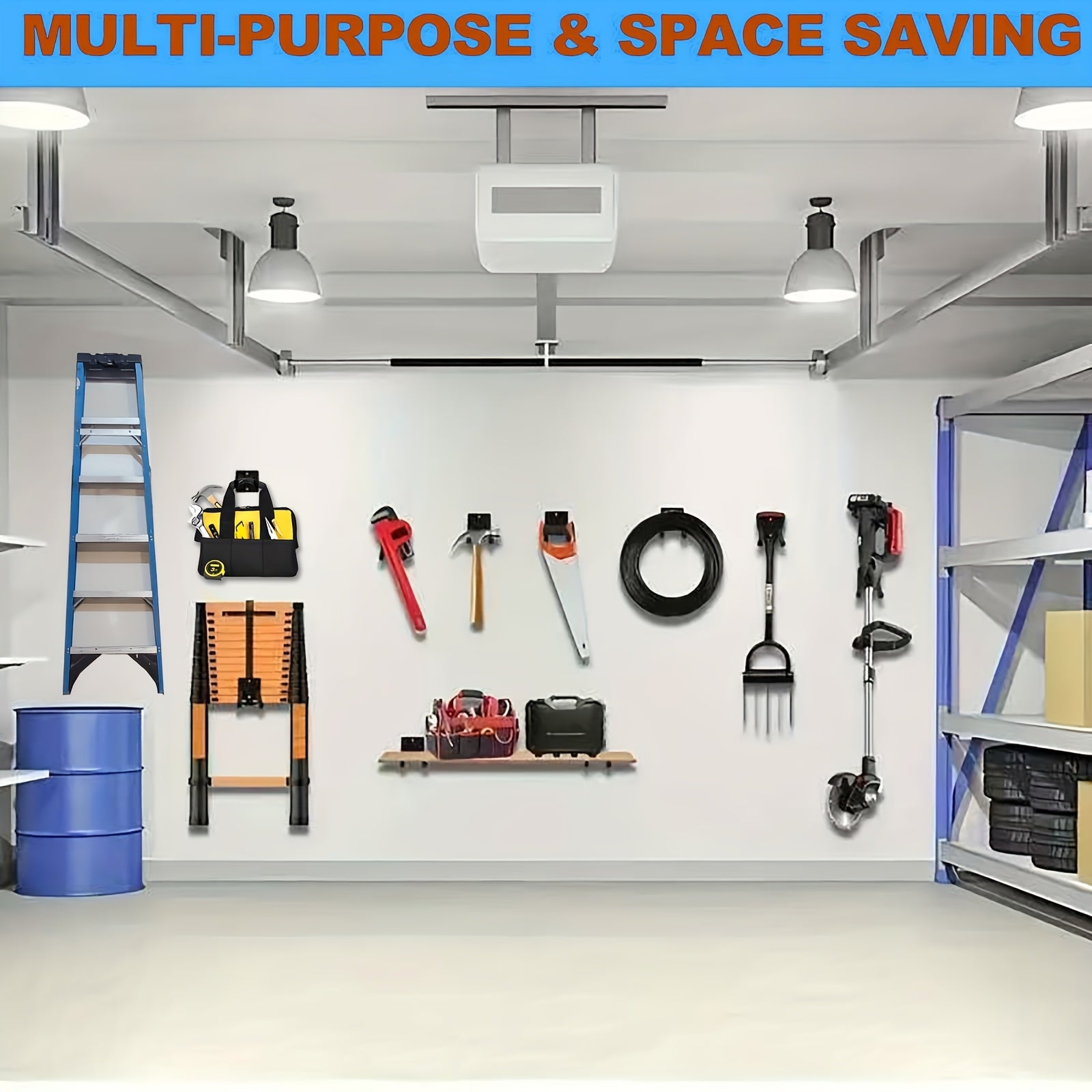 خطاف جراج معدني ثقيل برتقالي/أسود/أزرق، حامل مكنسة مثبت على الحائط، رف تعليق لأدوات البستنة، سهل التركيب، يمكنه حمل المجارف وأدوات المزرعة والحبال والسلالم وأدوات كهربائية مختلفة، مناسب للجراجات والحدائق والمساحيق