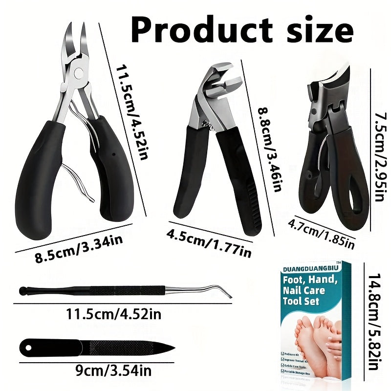 [Heavy-Duty | Stainless Steel] 5pcs Heavy-Duty Stainless Steel Nail Care Kit | Ingrown &amp; Thick Toenails Clippers Set with Nail File, Cuticle Nippers - Classic Black Handles for Men, Women, Seniors, Halloween Gift, DUANGDUANGB