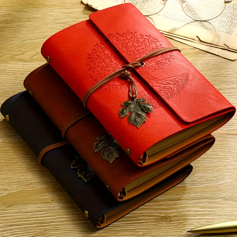 Coffret 3 pièces : carnet spiral vintage en cuir PU et 2 stylos gel noir et doré, design arbre, idéal pour écriture, croquis et voyage.