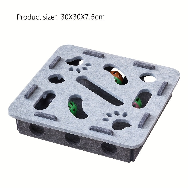 Boîte de jeu interactive pour chat, motif empreinte de patte. Puzzle durable pour stimuler mentalement et physiquement, avec 2 balles de couleurs aléatoires, sans batterie.