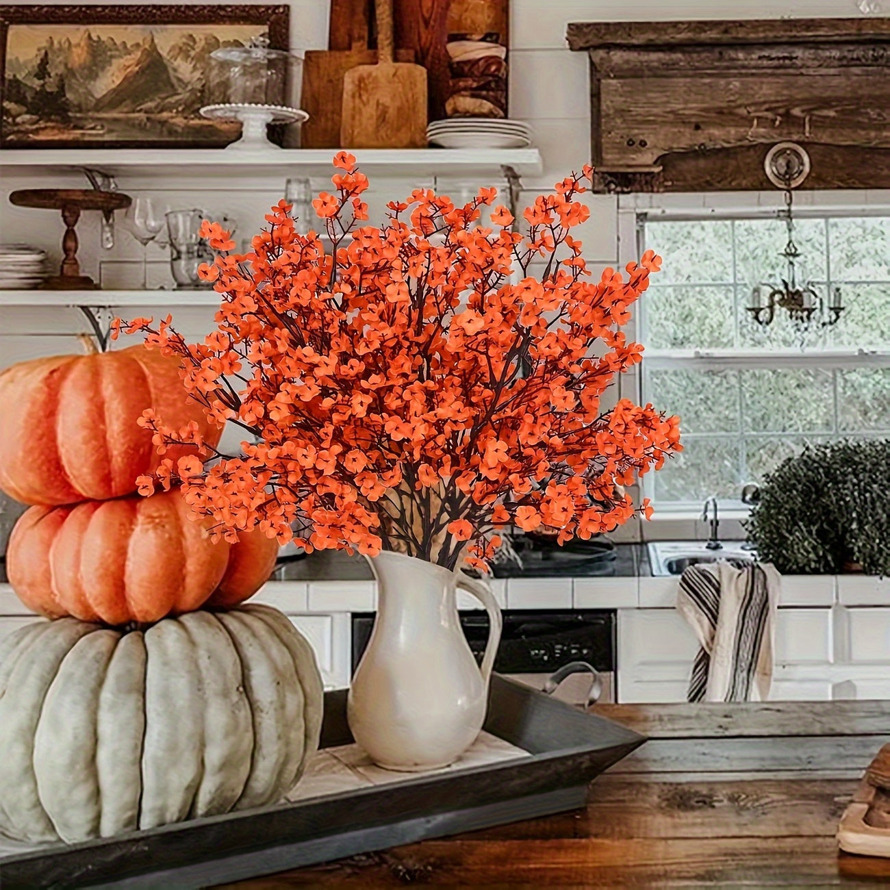 12pcs Vibrant Autumn Orange Artificial Flower Bouquet - Lifelike Fabric Flowers for Home &amp; Kitchen Decor, Perfect for Dining Table Centerpieces, Bedroom Accents &amp; Holiday Celebrations (Weddings, Halloween, Christmas) - No Con