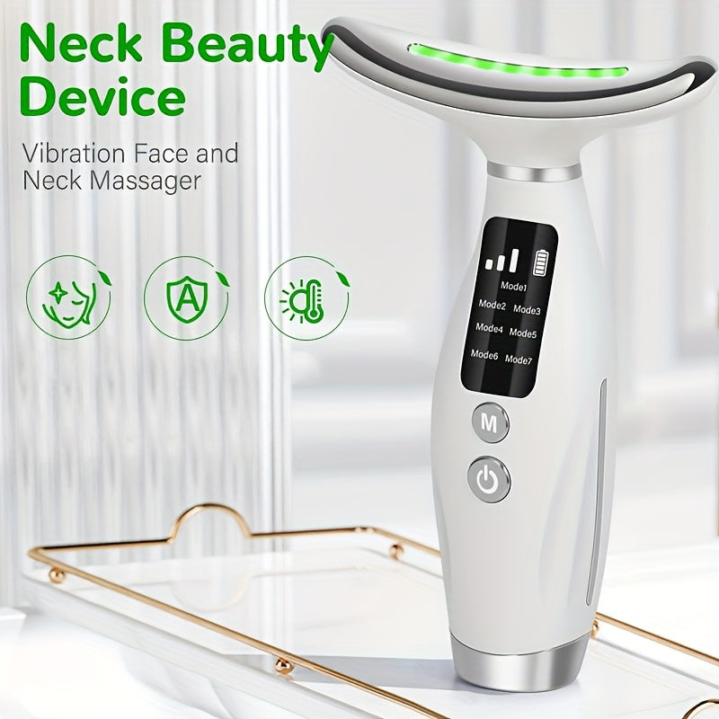 Appareil de soin visage et cou rechargeable, 7 modes, massage vibrant et chauffant, design ergonomique, améliore routine beauté à domicile.