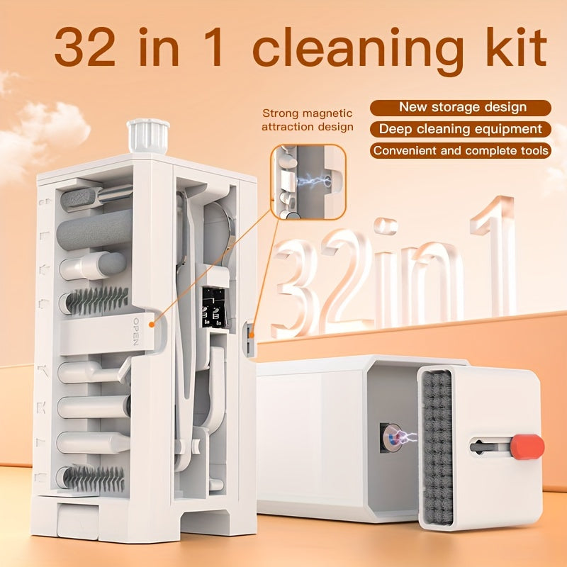 Kit de nettoyage 32-en-1 avec brosses adaptées pour claviers, écouteurs, tablettes, téléphones et appareils photo, entretien complet et pratique.
