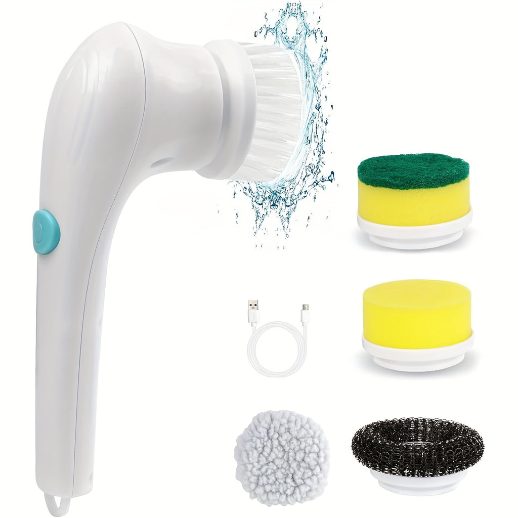 Brosse électrique magique avec 5 têtes, USB rechargeable, multi-usages cuisine, salle de bain, sols et carreaux, nettoie facilement pots et vitres.