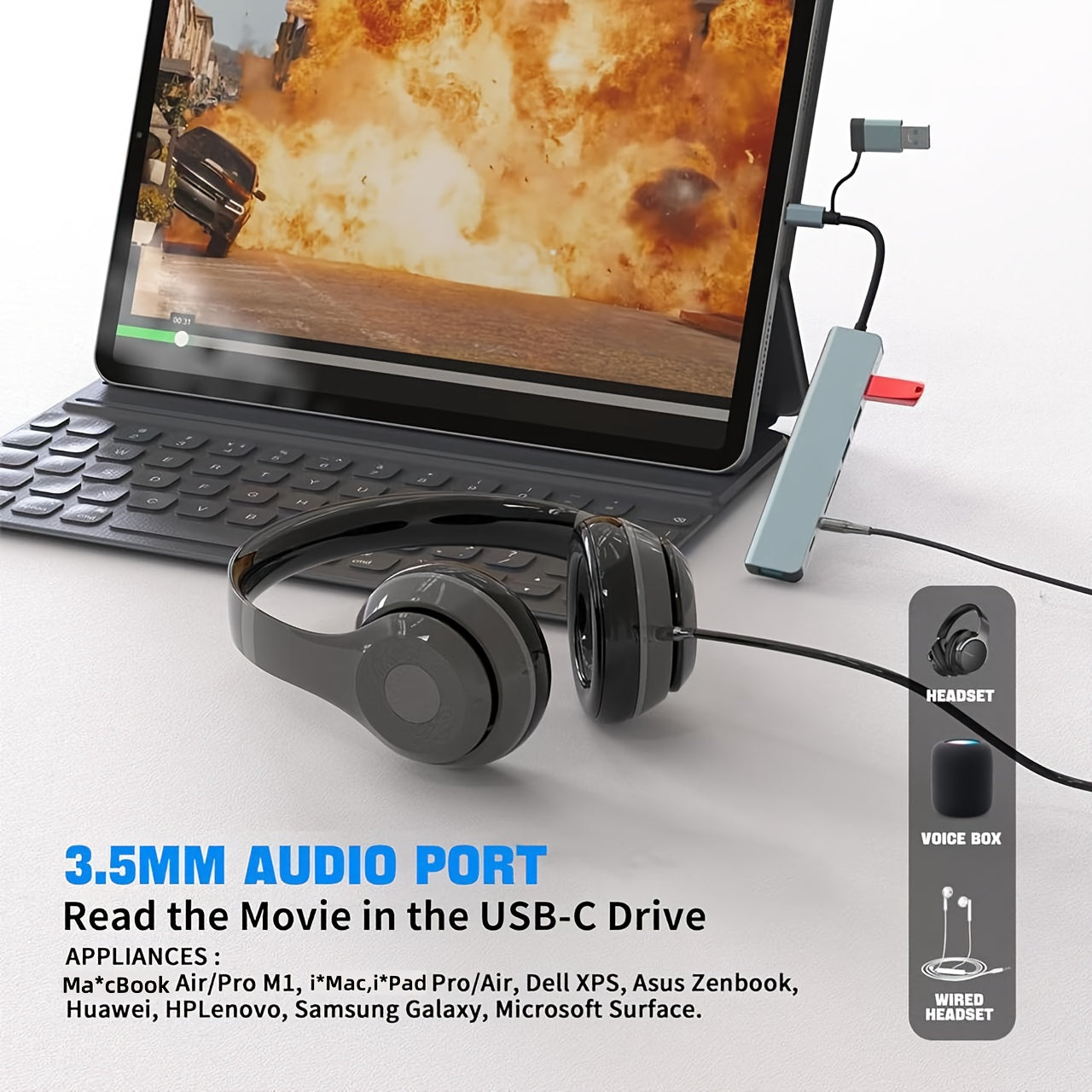 Multi-Function Hub, USB &amp; TYPE-C Ports, featuring USB 3.0 + USB-C + SD/TF + 3.5mm Audio. A versatile docking station that supports seamless multi-port collaboration, suitable for smartphones, tablets, and computers for both v