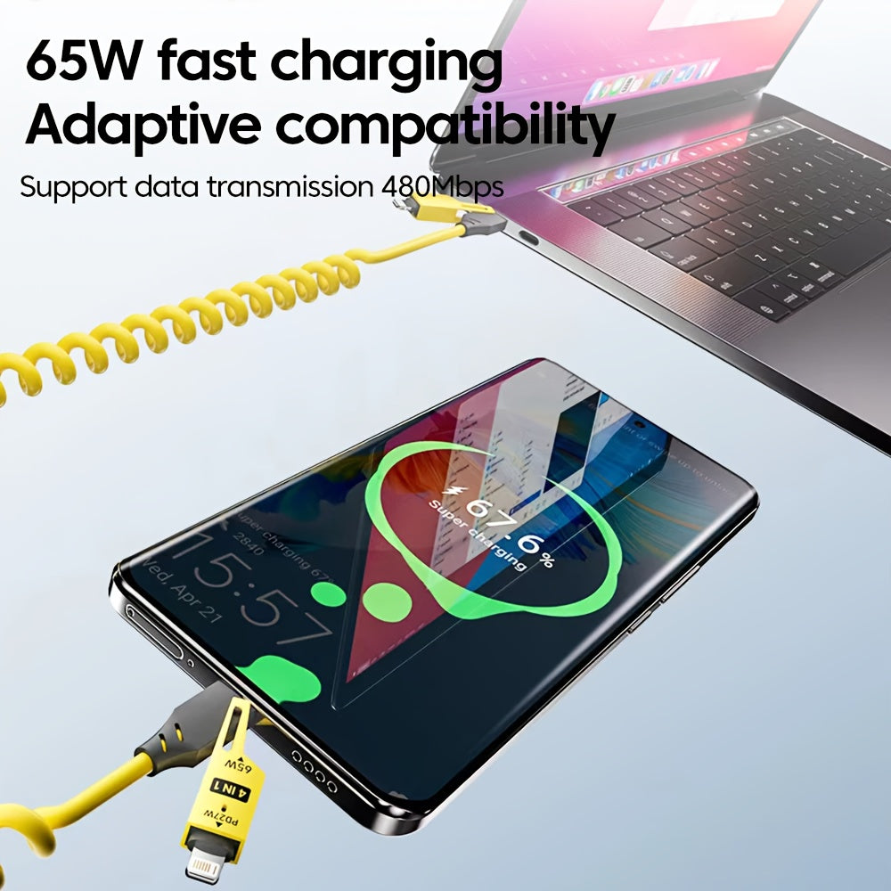 Câble Rétractable USB-C 4-en-1 65 W : Charge rapide PD, synchronisation données, silicone, multi-ports avec témoin, compatible iPhone, iPad, Samsung, Huawei, Xiaomi, OPPO.