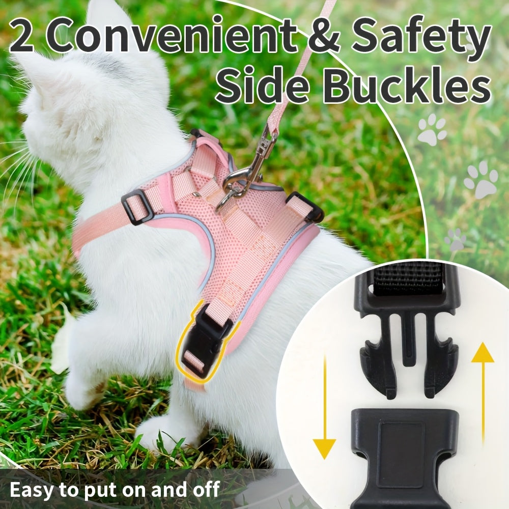 Harnais et laisse pour chat, gilet ajustable antifuîte, doux et respirant, bandes réfléchissantes, contrôle facile pour promenades sécurisées.