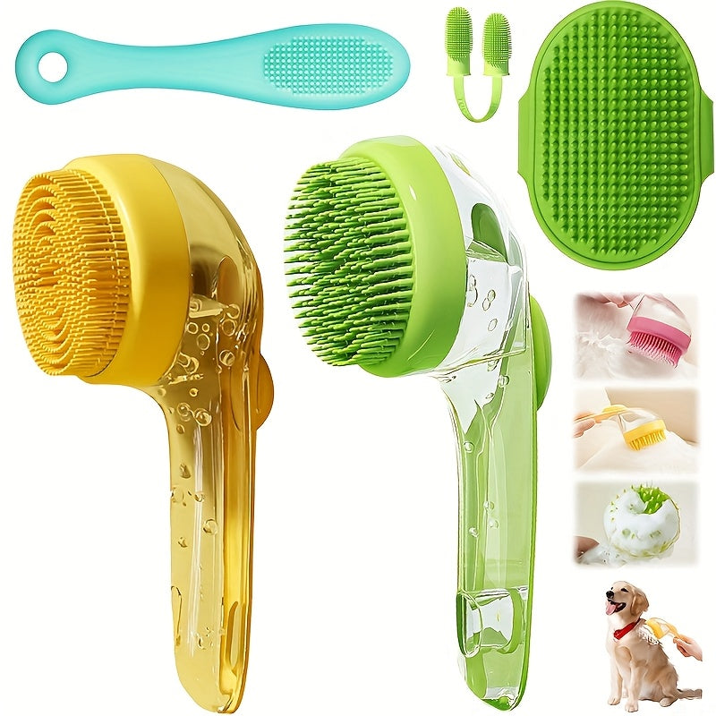 Brosse de bain douce pour chiens et chats, avec distributeur savon/shampoing, massage et nettoyage adaptés poils longs et courts.