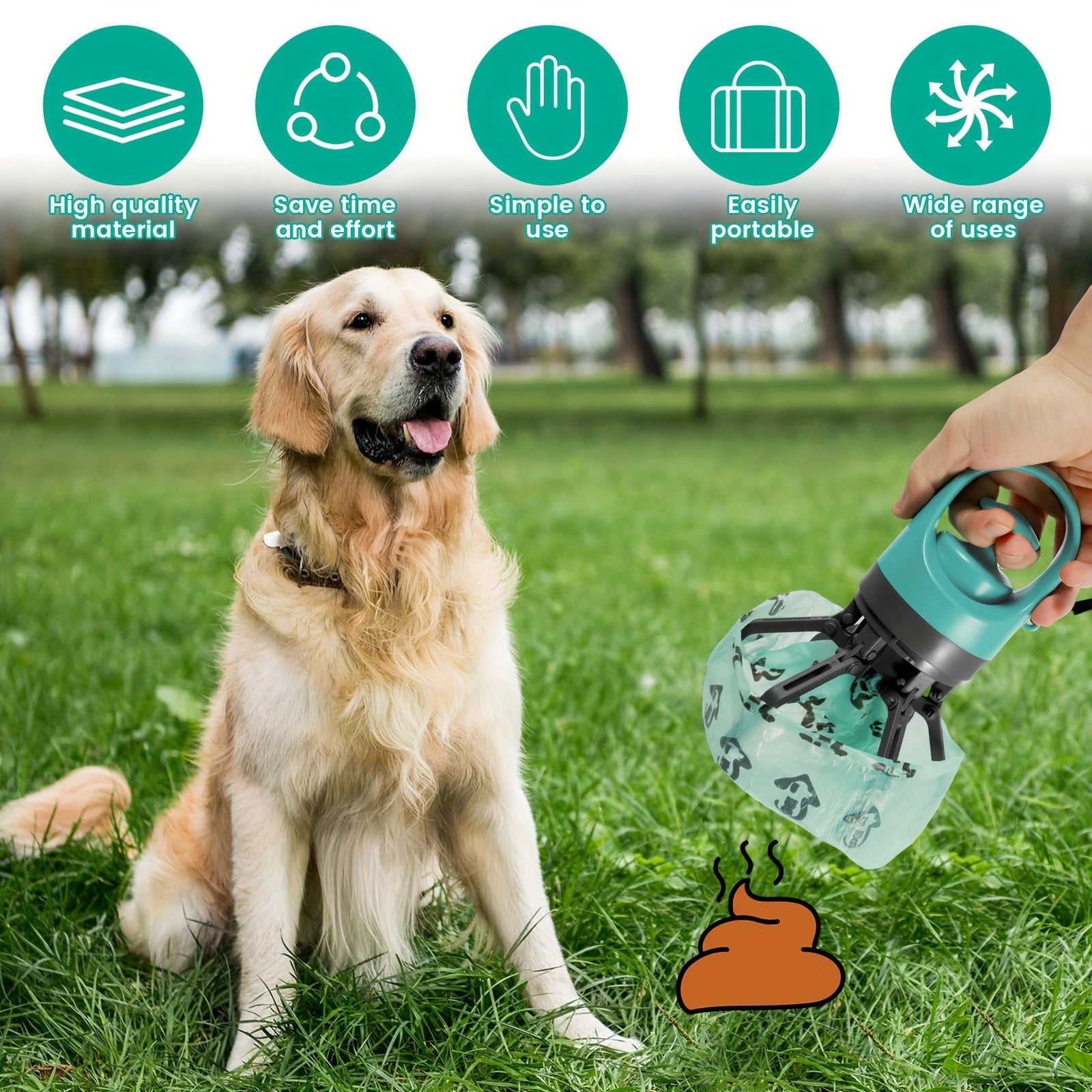 Ramasse-crottes portable pour chien avec distributeur de sacs, plastique durable, bleu-vert, sacs étanches inclus, pratique pour sorties en extérieur.