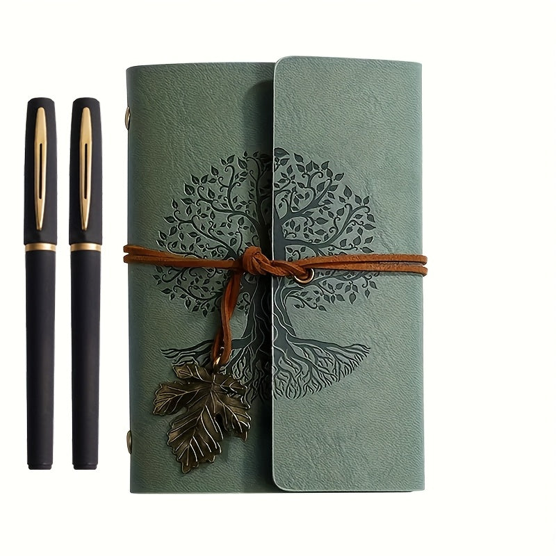 Coffret 3 pièces : carnet spiral vintage en cuir PU et 2 stylos gel noir et doré, design arbre, idéal pour écriture, croquis et voyage.