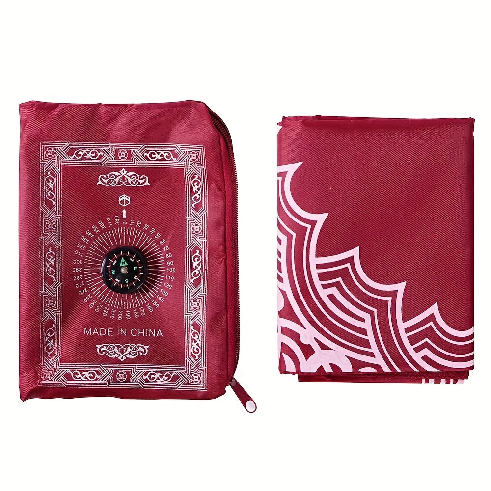 Tapis de prière musulman portable, boussole intégrée, design léger rouge, pratique pour voyage ou maison, cadeau traditionnel pour la prière.