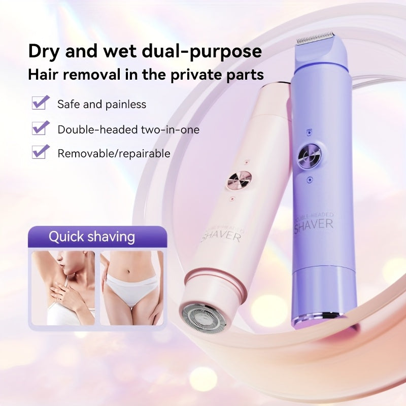 Rasoir électrique sans fil 2 en 1, rechargeable, double tête, pour corps et visage, bikini, aisselles, jambes et bras, humide ou sec.