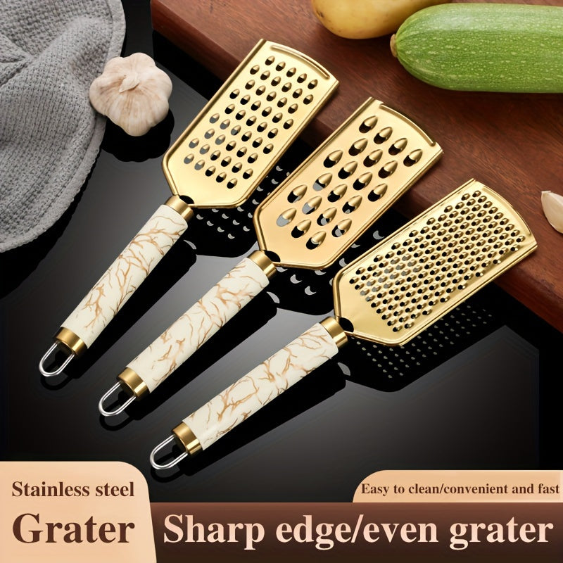 3/1pc grater Stainless steel shredder Household kitchen radish grater potato shreds onion shreds ginger shreds melon fruit vegetable shreds cheese raw grater handle can be held safely without hurting hands, Golden appearance,