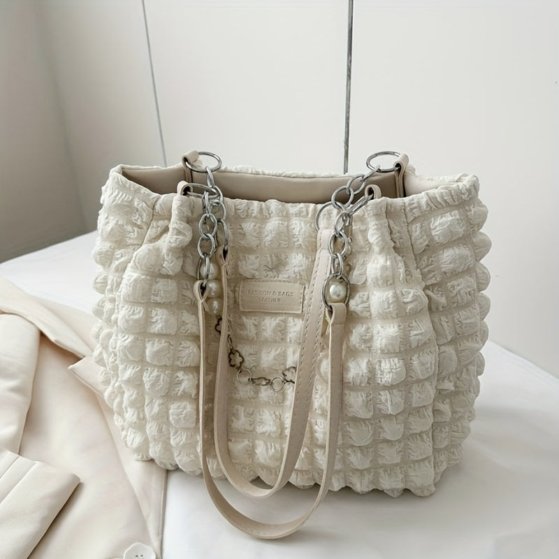 1pc Summer Sweet Clouds Tote Bag, Large Capacity Nylon Shoulder Bag for Women, Soft Handbag with Zipper Closure, 4 Colors (White/Pink/Green/Black), City Theme, Polyester Lining, Perfect for Commuting &amp; Outings