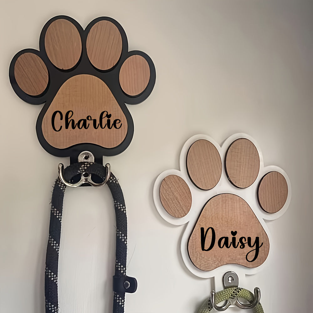 Patère murale en bois personnalisée, gravure empreinte de patte, pour laisses, colliers et manteaux, durable et décorative, cadeau idéal pour amoureux des animaux.