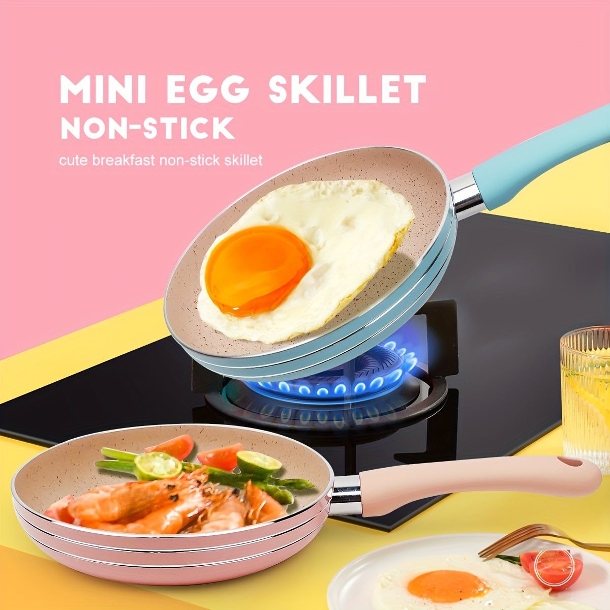 Mini Egg Skillet Non-Stick - Cute Breakfast Frying Pan with Blue Handle, Ideal for 1-Serving Meals, Perfect for Making Omelets, Scrambled Eggs, and More, Breakfast Cooking Essentials | Colorful Kitchenware | Sustainable Cookware