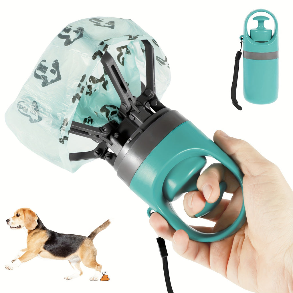 Ramasse-crottes portable pour chien avec distributeur de sacs, plastique durable, bleu-vert, sacs étanches inclus, pratique pour sorties en extérieur.