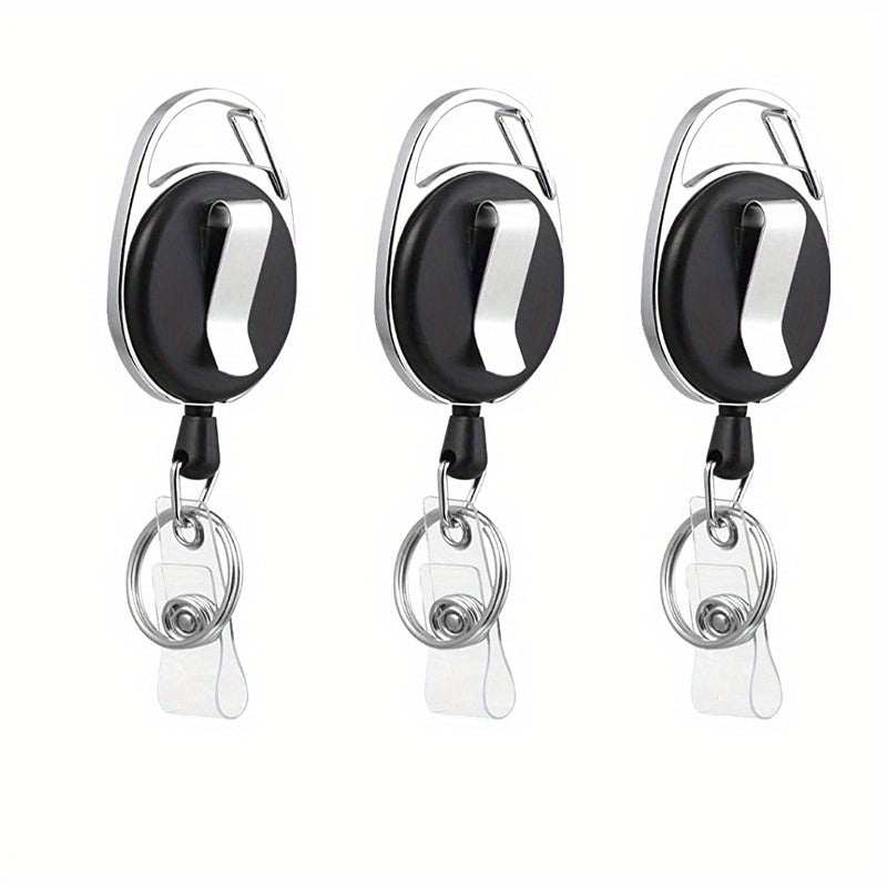 Lot de 3 porte-badges rétractables, rotation 360°, clip ceinture/mousqueton, corde nylon, anneau porte-clés, fermeture rapide, pour cartes et billets.