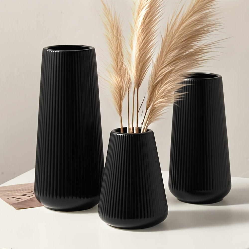 مجموعة من 3 مزهريات اسكندنافية غير قابلة للكسر - مزهريات زهور بلاستيكية منقوشة لطاولة الطعام، ديكور منزلي باللونين الأسود والأبيض، قطعة مركزية بسيطة للزهور الاصطناعية (24.89 سم/20.07 سم/13.97 سم) هدية