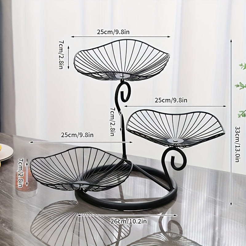 Support à fruits en fer élégant à 3 niveaux. Panier décoratif pour salon, table basse et cuisine, parfait pour servir des snacks et desserts.