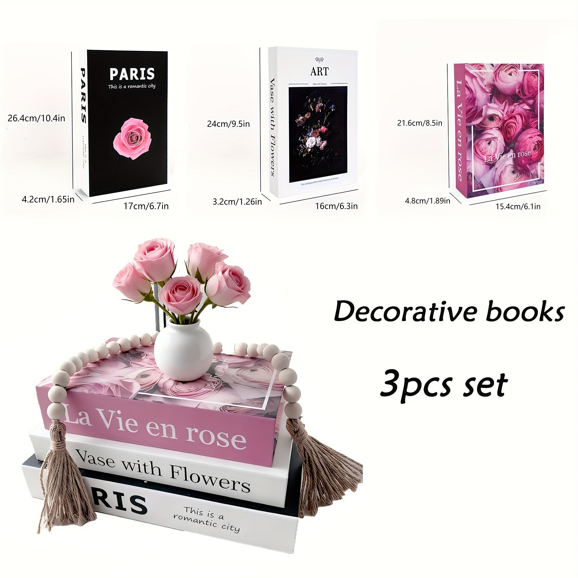 3pcs Luxury Fake Book Decorations - Realistic Book Stack with Pink Roses &amp; Vase, No Electricity Needed, for Home, Office, Cafe, Photography Props, Book Decorations, Office Decoration, Elegant Design, Decorative Vase