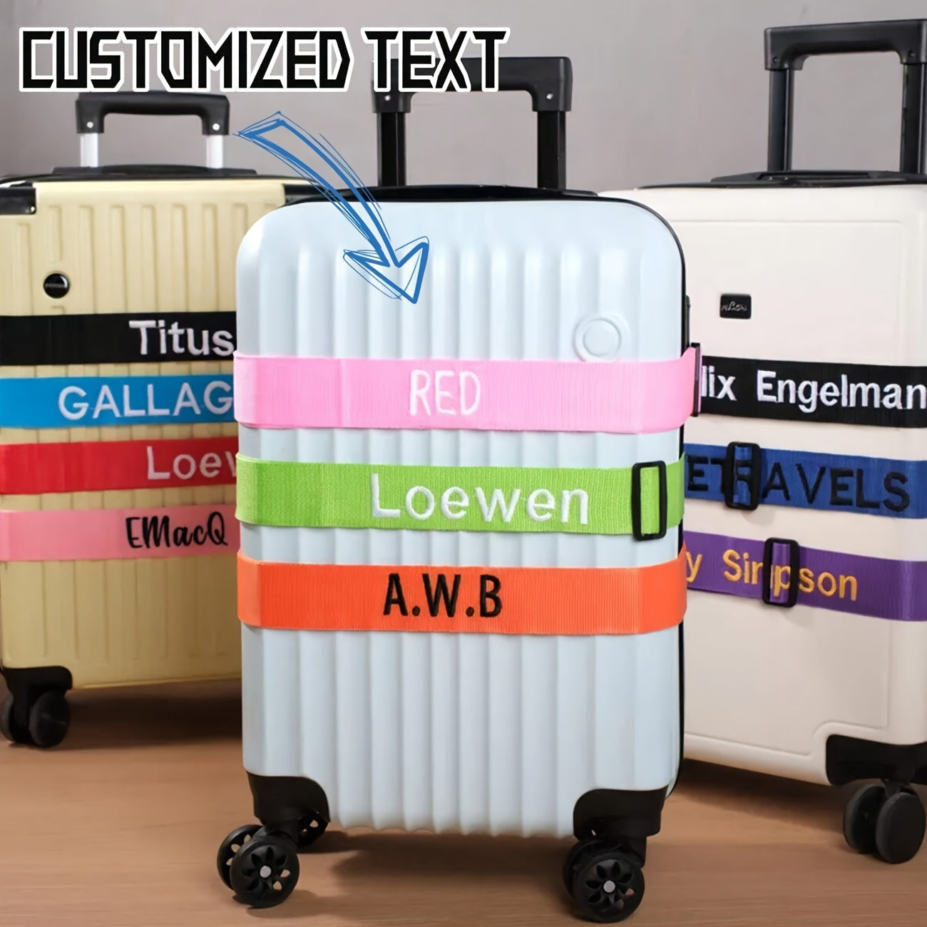 1pc Custom Embroidered Luggage Strap with Personalized Name/Text - Durable Nylon Adjustable Shoulder Strap, Colorful Luggage Protector &amp; Identifier for Suitcases, Travel Bags, Airports (Hand Washable), Suitcase Identifier, St