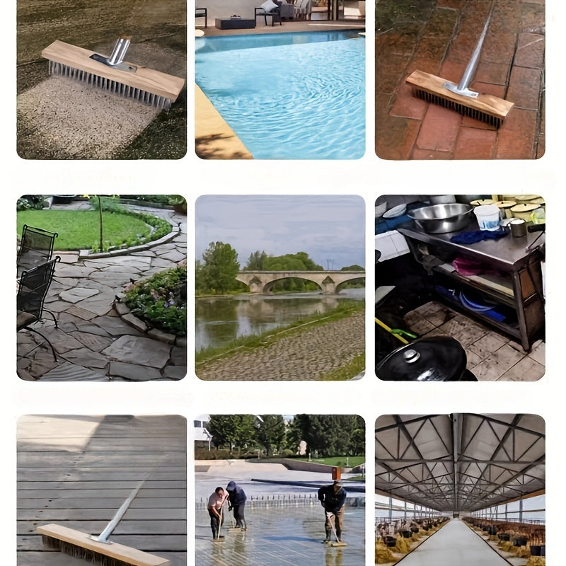 Brosse de sol en fil inox durable, largeur 20 ou 30 cm, usage manuel, idéale extérieur, cuisine et terrasse, enlève mousse, graisse et saleté efficacement.