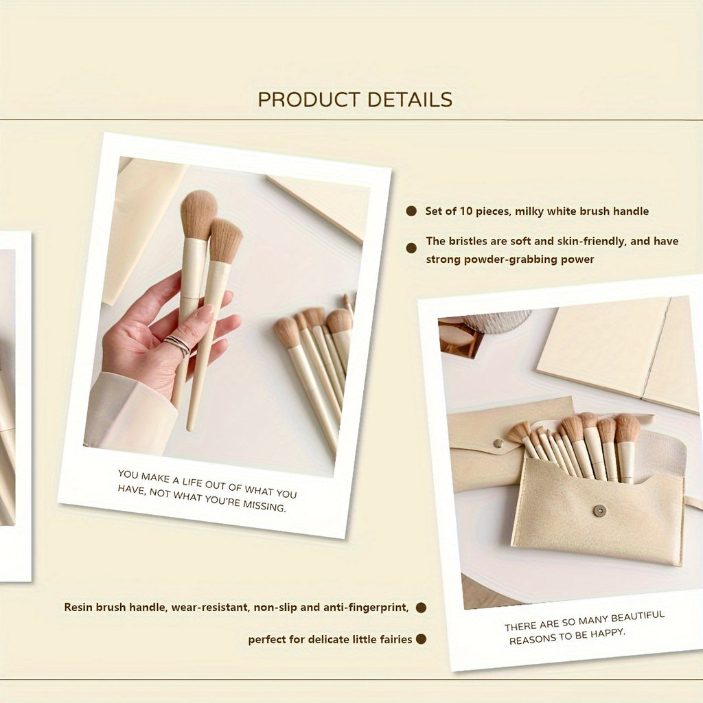 Set de 10 pinceaux maquillage avec étui cuir, poils doux hypoallergéniques, pour poudre, fond de teint, blush, yeux et highlighter, voyage pratique.
