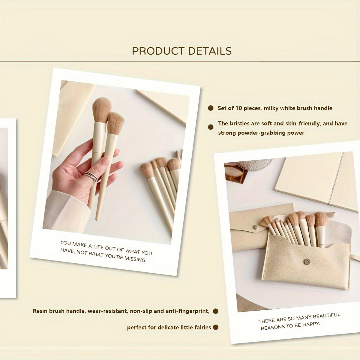 Set de 10 pinceaux maquillage avec étui cuir, poils doux hypoallergéniques, pour poudre, fond de teint, blush, yeux et highlighter, voyage pratique.