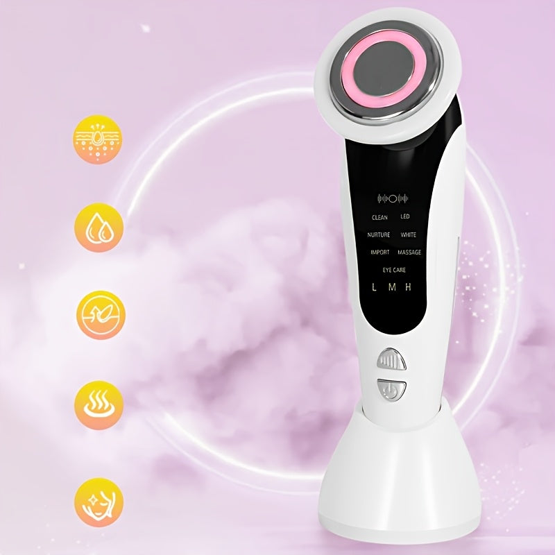 Appareil beauté visage et cou 7-en-1, vibration, rechargeable USB, 4 modes, 3 intensités, design élégant, compact, parfait pour usage familial.