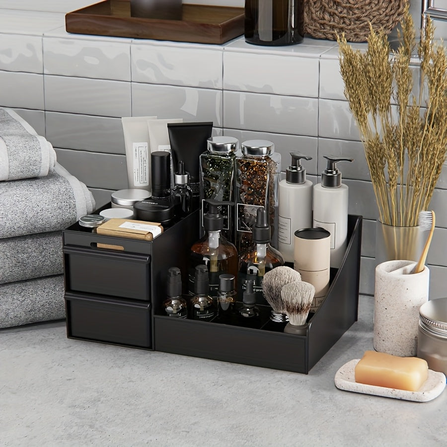 منظم بلاستيكي للرجال يُوضع على سطح الطاولة، يحتوي على عدة أقسام وأرفف قابلة للتعديل، يوفر تخزينًا عصريًا للعطور ومنتجات العناية الشخصية وأدوات النظافة، موفرًا للمساحة.