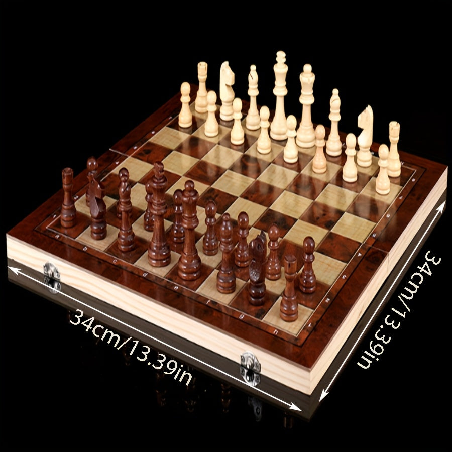Jeu d’échecs en bois 3‑en‑1, pliable et portable, tailles 24 cm et 34 cm, idéal pour parties à emporter.