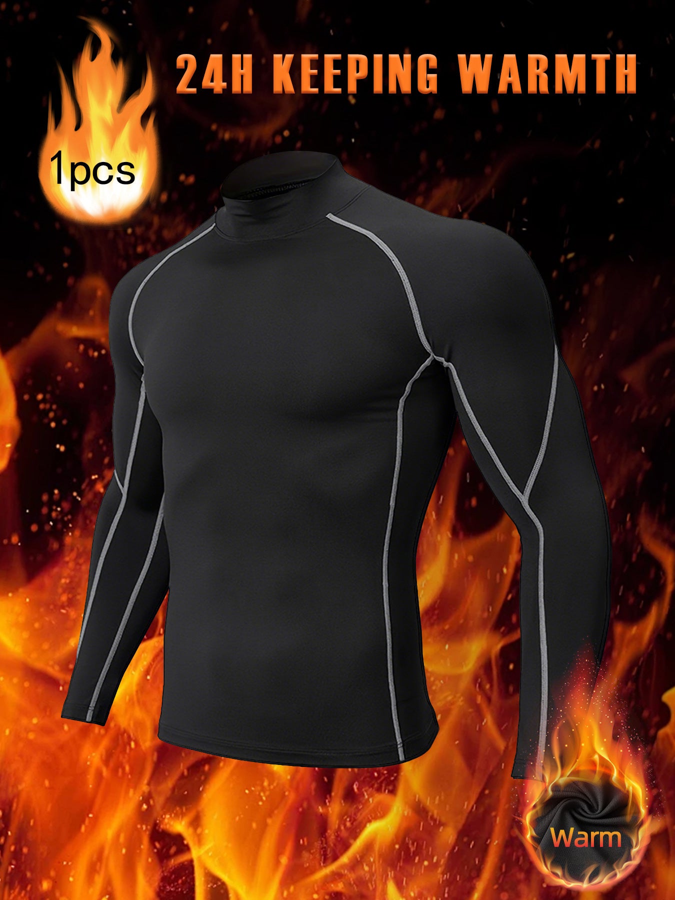 T-shirt thermique homme à manches longues, slim fit, tissu extensible, col montant, idéal pour sport, course et activités extérieures en conditions froides.