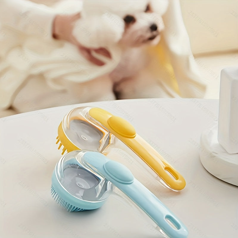 Brosse de bain douce pour chiens et chats, avec distributeur savon/shampoing, massage et nettoyage adaptés poils longs et courts.