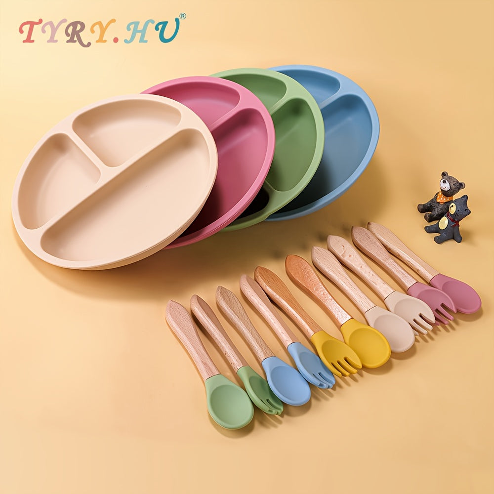 Set repas bébé TYRY.HU 3 pcs en silicone, assiette à ventouses compartimentée et ustensiles, parfait pour diversification et repas en extérieur.