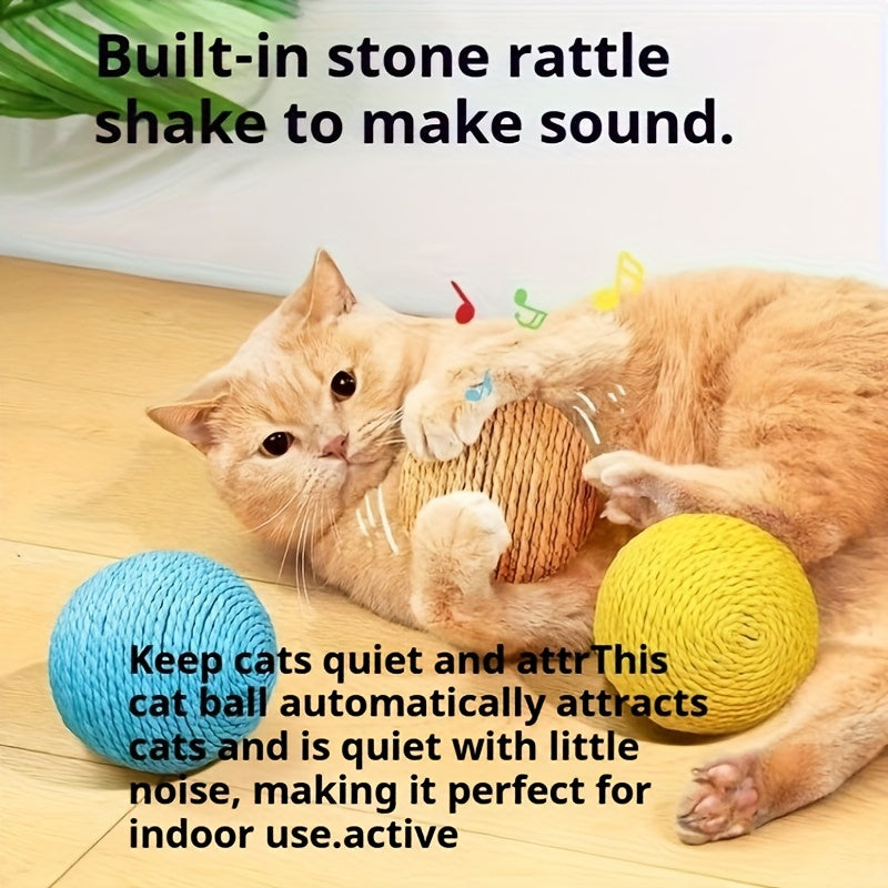 Balle jouet en sisal naturel, durable et résistante, produit un son sans batterie, idéale chats moyens, parfaite jeux intérieurs/extérieur.