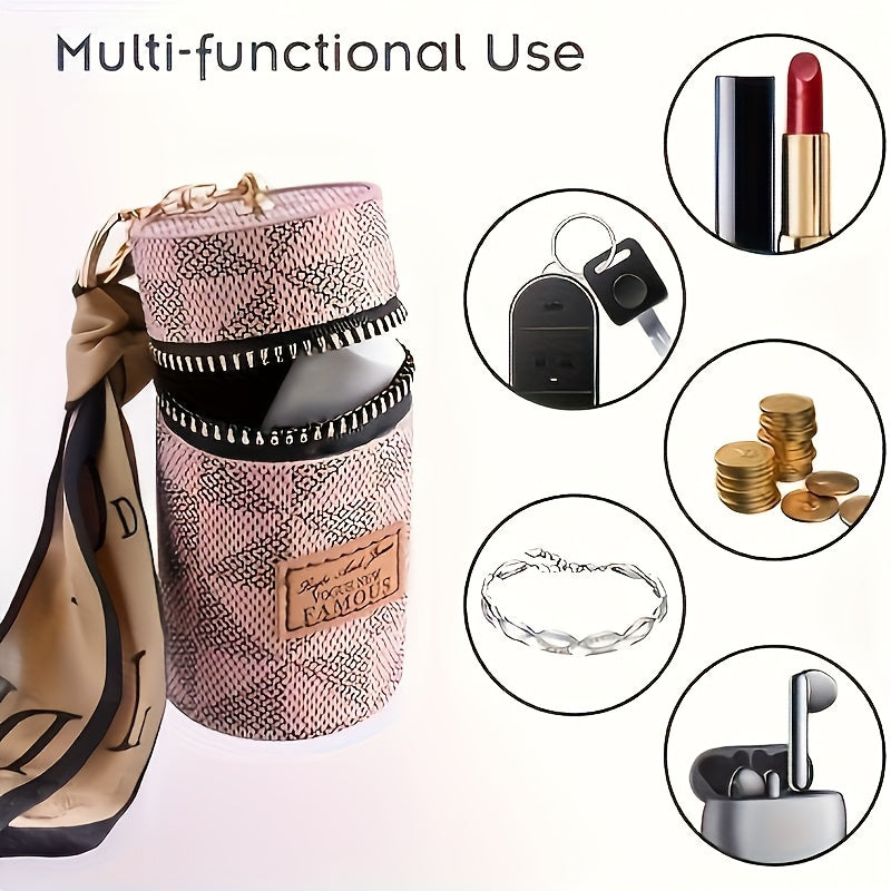 Three Colors Available - Round Coin and Lipstick Holder Wallet, Durable PU Material with Geometric Pattern Design, Black Zipper Closure, Golden Keychain Charm, Large Capacity Women's Travel Commute Mini Purse for Coins &amp; Cash