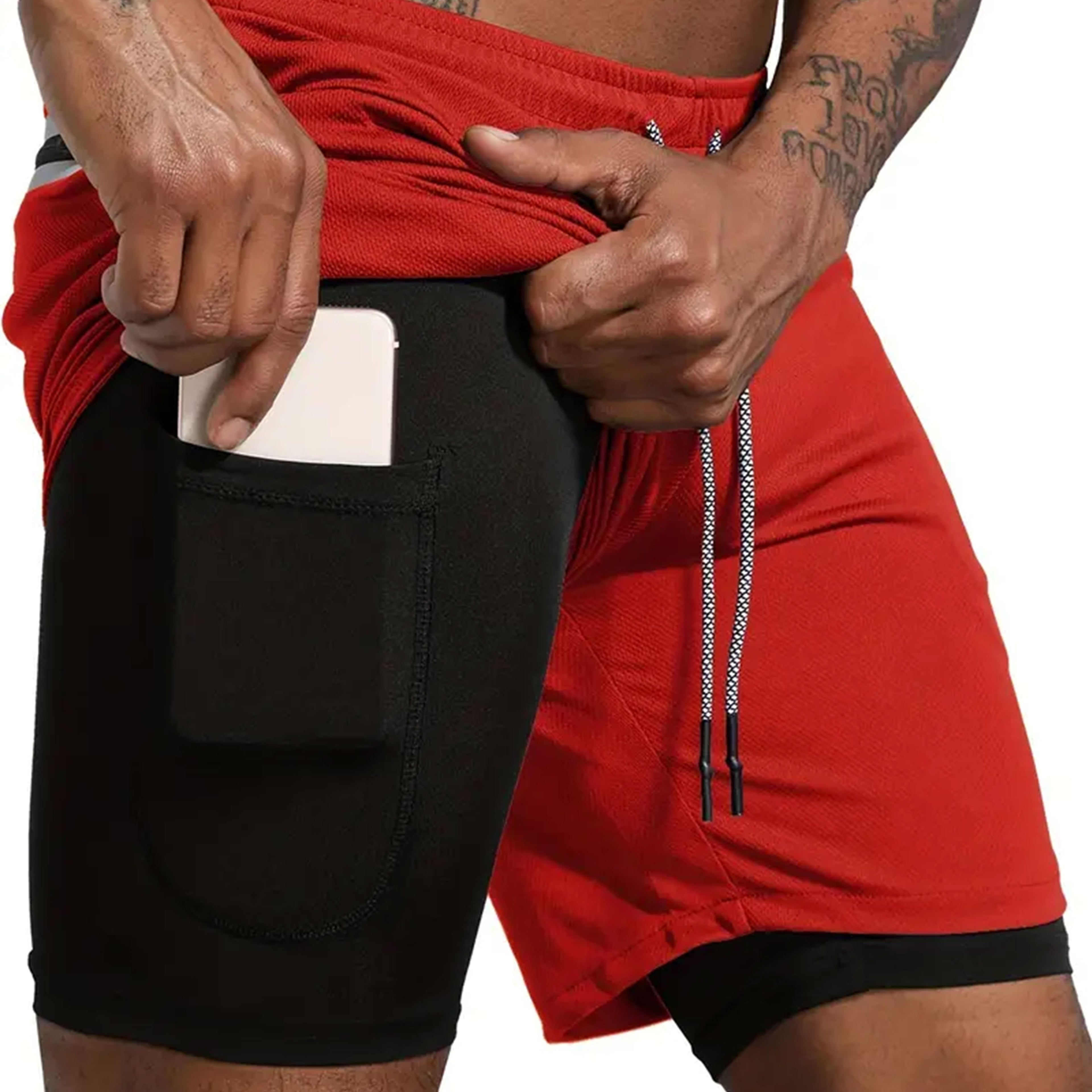 Shorts hommes 2-en-1 été, sport extérieur, cordon ajustable, poches sécurisées, tissu respirant et séchage rapide, parfait gym et running.