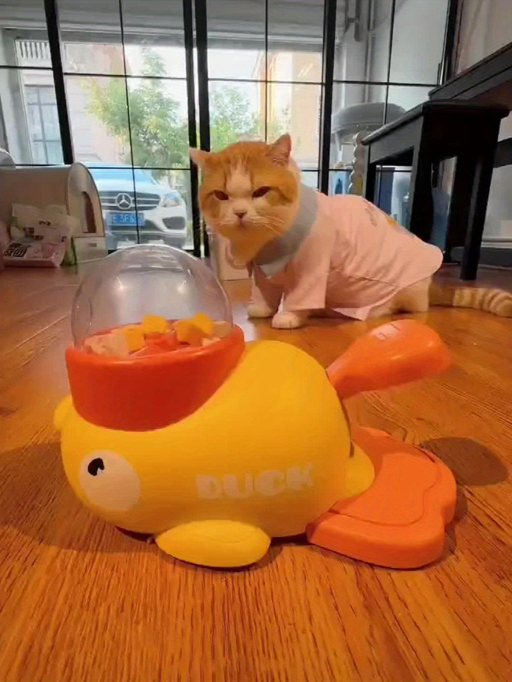 Jouet distributeur de nourriture interactif pour chats. Design canard, sans batterie, en plastique durable, idéal pour jeu et entraînement intérieur/extérieur.