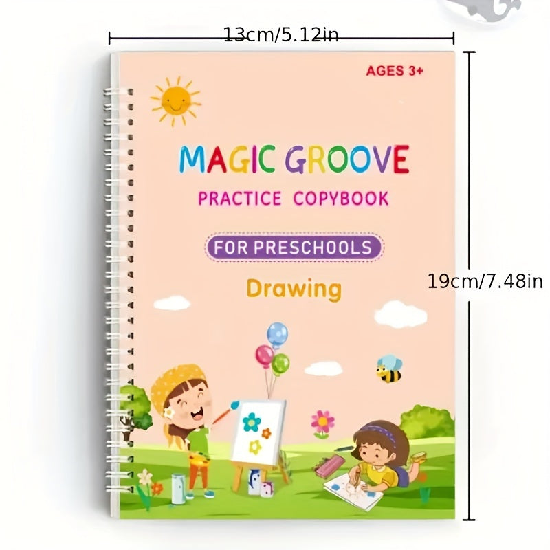 Coffret éducatif enfants : 4 cahiers, stylo, 6 recharges et support, idéal pour apprentissage et exercices d’écriture.